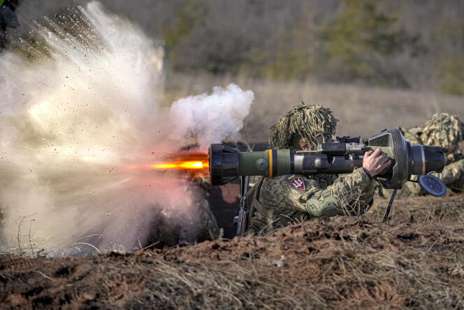 A Ukrainian soldier fires an NLAW anti-tank missile during a training exercise in the Donetsk region of eastern Ukraine, February 15, 2022.