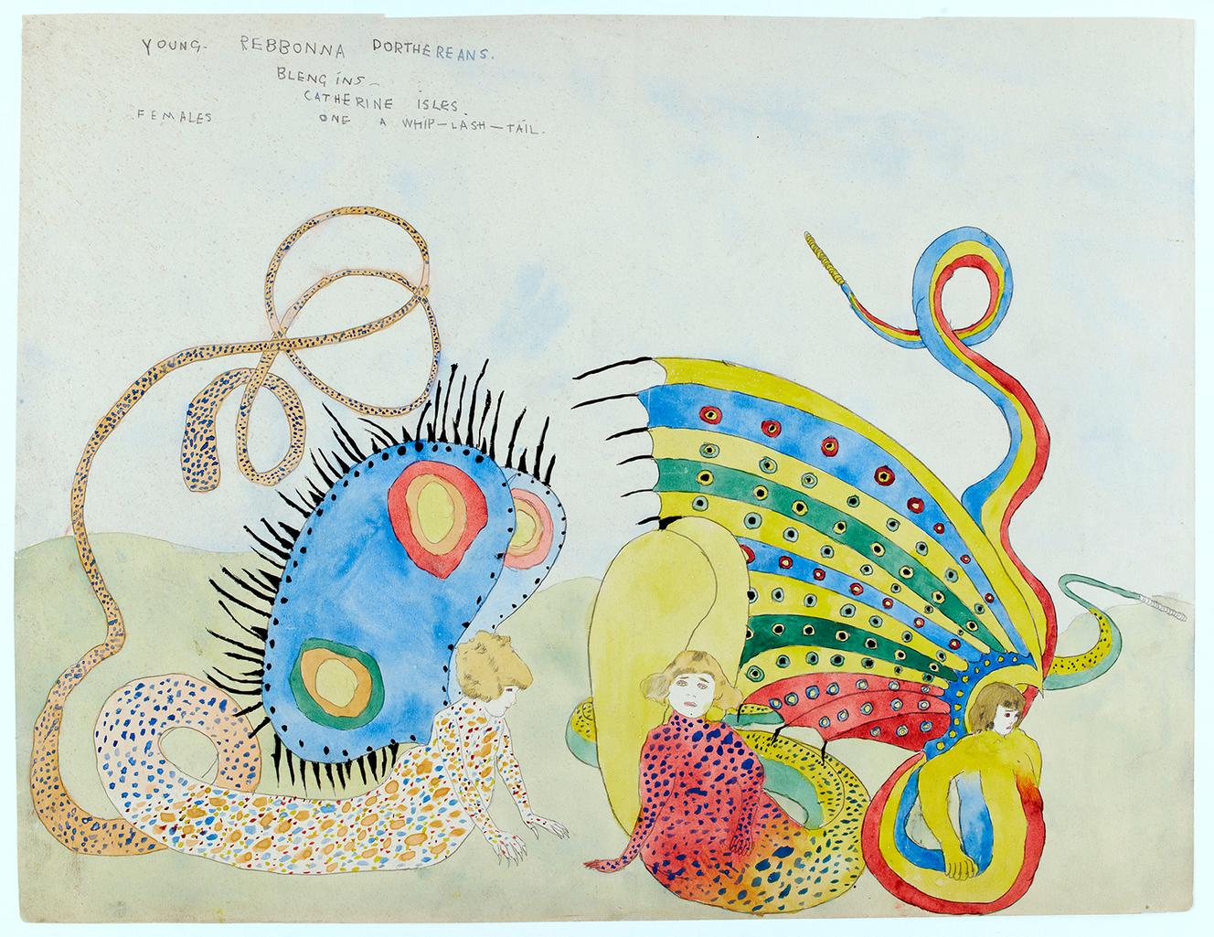 « Young Rebonna Dorthereans – Blengins – Catherine Isles, Female, One whiplash-tail », un des milliers de dessins qui font la célébrité posthume d’Henry Darger.