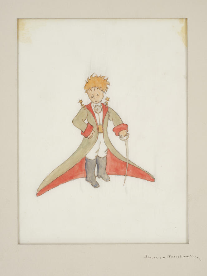 Antoine de Saint-Exupéry, « Le Petit Prince en tenue d’apparat », illustration pour le chapitre I, aquarelle et crayon sur papier.