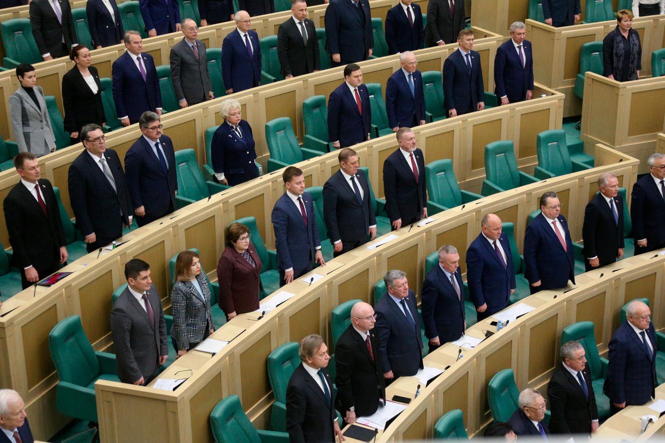 Lawmakers of the Federation Council of the Federal Assembly of the Russian Federation attend a session in Moscow, Russia on February 22, 2022 and listen to the national anthem. They authorized Russian President Vladimir Putin to use military force outside the country.