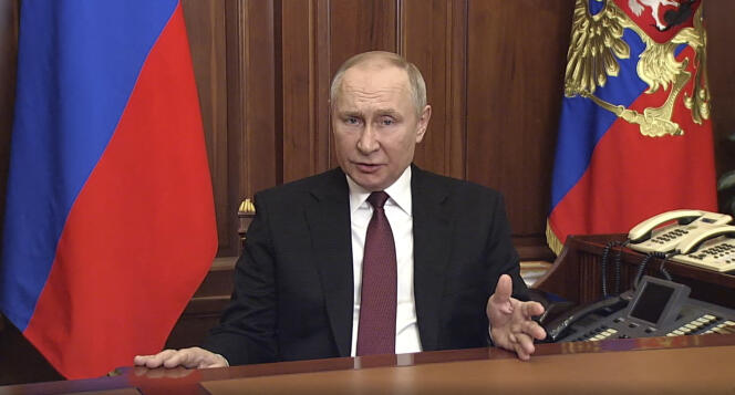 L’intervention télévisée de Vladimir Poutine annnonçant l’intervention en Ukraine de l’armée russe, le 24 février 2022, à Moscou.