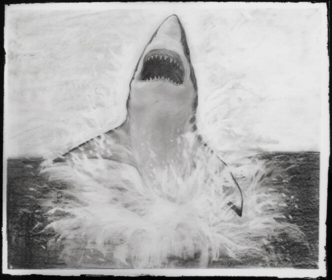 « White Shark » (2003), de Steven Parrino, crayon et laque sur papier calque, collection privée, Paris.