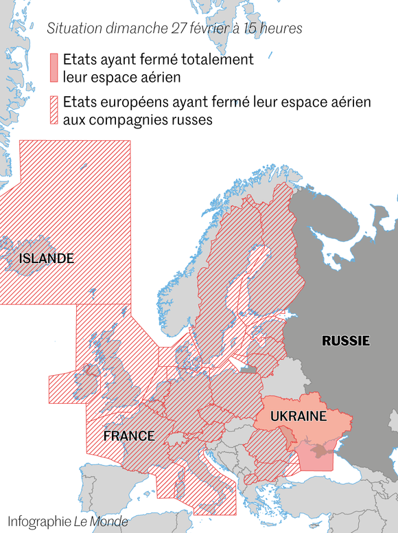 Carte des Etats ayant fermé leurs espaces aériens aux avions enregistrés en Russie, ou totalement, actualisée le 27 février 2022 à 15 heures.