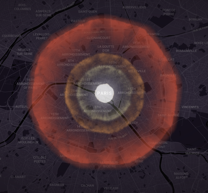Capture d’écran du simulateur de Outrider pour une bombe de 300 kilotonnes qui exploserait en plein centre de Paris.