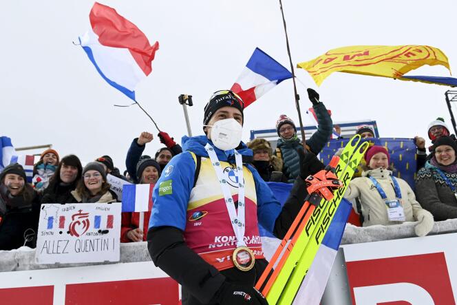 Frenchman Quentin Fillon Maillet after winning the pursuit in Kontiolahti, Finland on March 6.