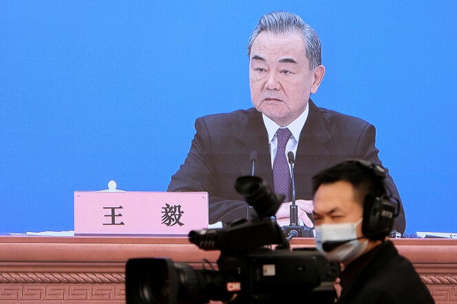 Wang Yi, le ministre des affaires étrangères chinois, lors de sa conférence de presse annuelle, le 7 mars 2022 à Pékin, en Chine.