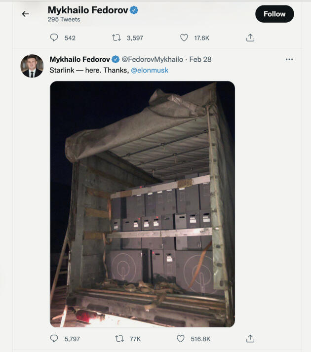 Tweet de Mykhailo Fedorov, affichant la fourniture de matériels par Elon Musk.