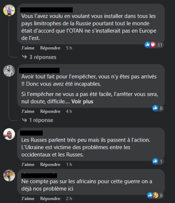 Exemples de messages pro-Russie publiés par des comptes Facebook d’Afrique de l’Ouest sur la page d’Emmanuel Macron.