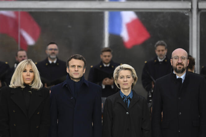 French President's wife Brigitte Macron, left, France's President Emmanuel Macron, President of the European Commission Ursula von der Leyen and the President of the European Council Charles Michel, right, attend a National and European Day in Tribute to Victims of Terrorism ceremony after an informal EU summit, at the Grand Trianon estate near the Palace of Versailles, west of Paris, Friday March 11, 2022. 