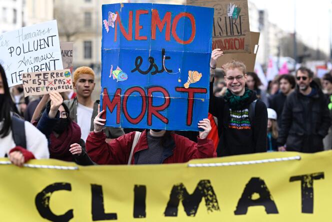 Un manifestant brandit une pancarte « Nemo est mort » lors d’une marche pour le climat à Rennes, en 2022.