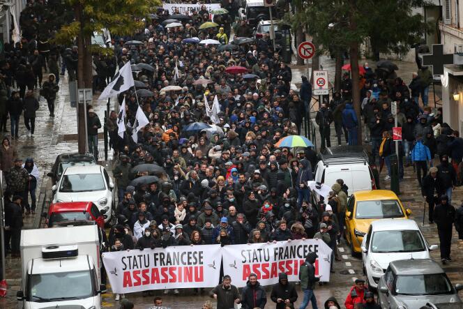 Manifestation à Bastia (Haute-Corse) une semaine après l’agression de la figure nationaliste Yvan Colonna en prison,  le 13 mars 2022. 