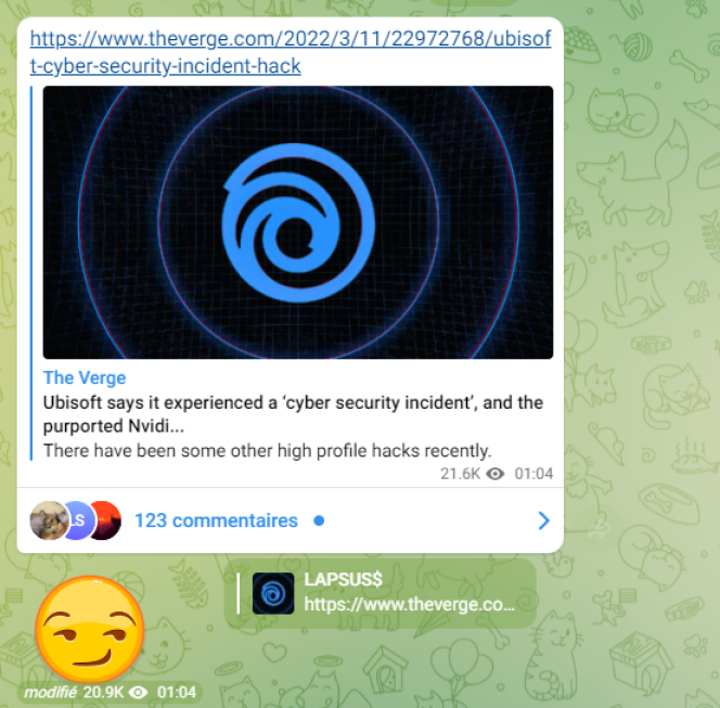 Capture d’écran de la chaîne Telegram du groupe Lapsus$.