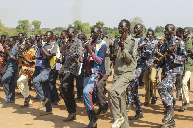 Police trainees, former government and rebel group soldiers, at the Rejaf Unified Training Center near Juba in March 2021.