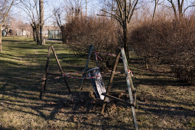 Les restes d’un missile tombé dans le parc du zoo de Mykolaïv, le 12 mars 2022. Une partie a attéri dans un enclos où se trouvent des oiseaux rares.