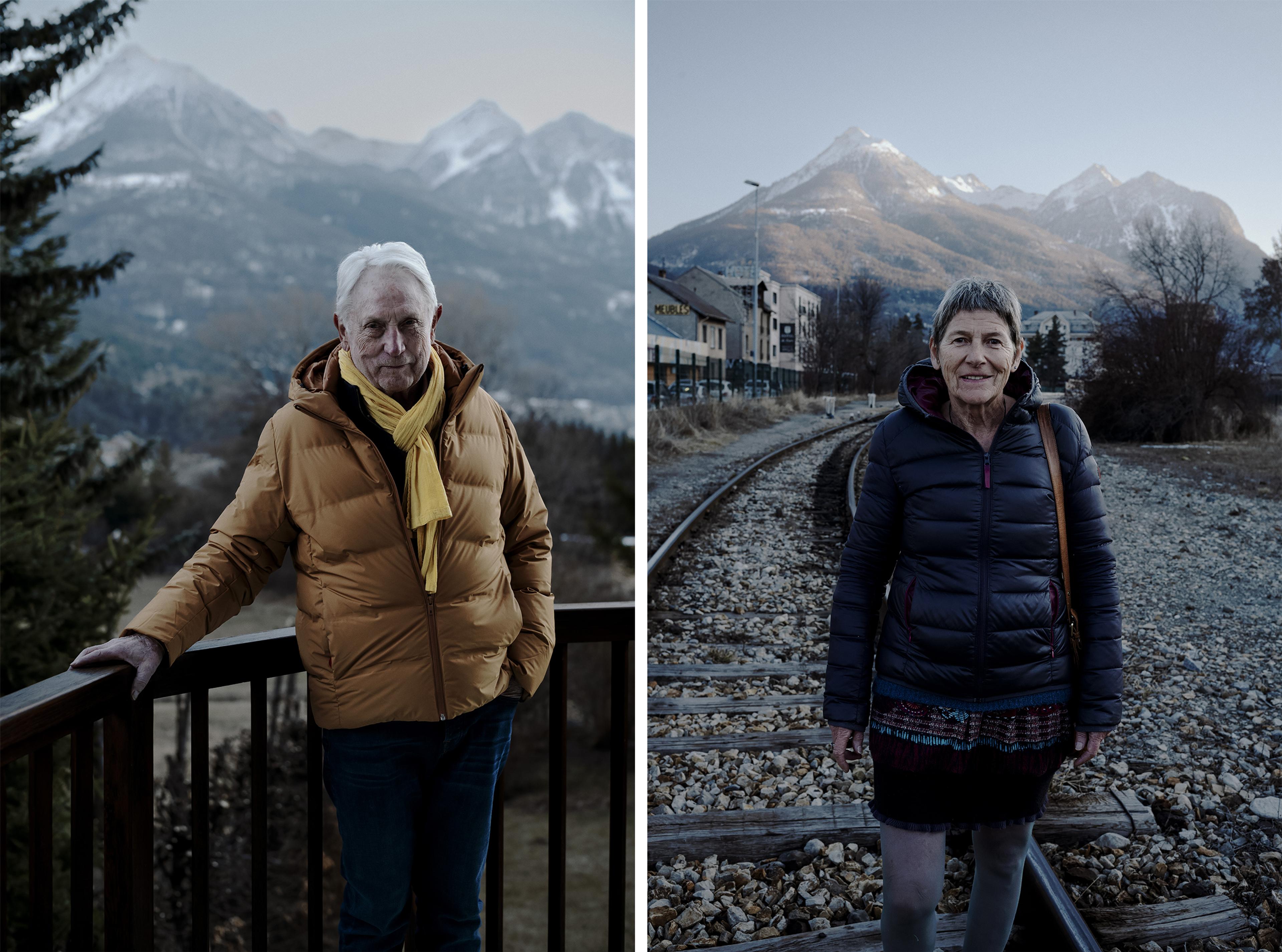 A gauche, Gérard Fromm, ancien maire (Parti socialiste) de Briançon de 2009 à 2021, à son domicile. A droite, Francine Daerden, élue d’opposition (Europe Ecologie-Les Verts) à la mairie de Briançon, le 8 mars 2022.