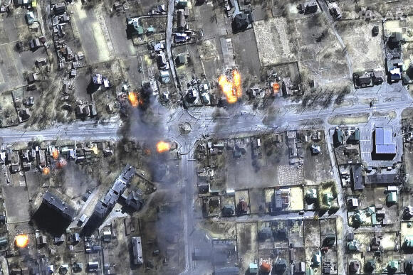 Wednesday, March 16, 2022 Satellite image of burning buildings in a residential area northeast of Chernihiv, Ukraine.