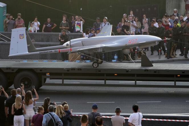 A Turkish-made Bayraktar TB2 drone is shown during a military parade rehearsal on a street in kyiv on August 20, 2021.