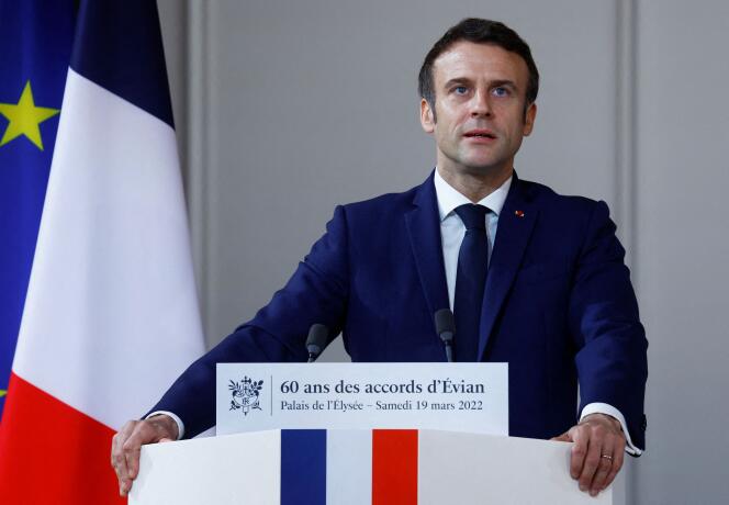 French President Emmanuel Macron delivers a speech during a reception to mark the National Day of Remembrance and Reflection in memory of the civilian and military victims of the war in Algeria, sixty years after the signing of the Evian Accords, at the Elysee Palace in Paris, on March 19, 2022.