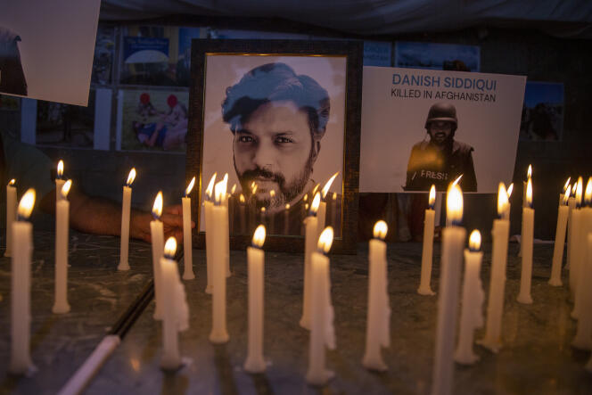 Photo of a tribute to Reuters photojournalist Danish Siddiqui, killed in Afghanistan while covering clashes between the Taliban and Afghan security forces.  His parents are seizing the International Criminal Court for his murder.