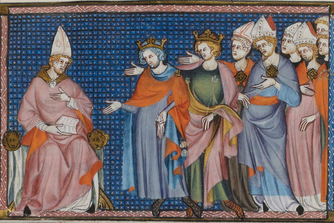Canonización de San Luis, manuscrito “Vida y milagros de San Luis”, siglo XIV, Biblioteca Nacional de Francia, Francés 5716, fol.  9 atrás.