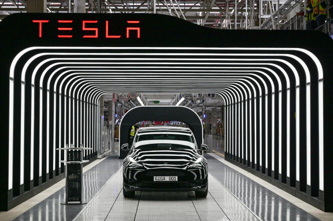 A Tesla Model Y at the inauguration of Tesla's Gigafactory in Grünheide, southeast of Berlin, on March 22, 2022.