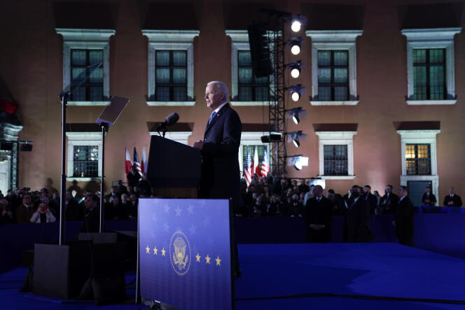 Joe Biden delivers a speech on the Russian invasion of Ukraine in the courtyard of the Royal Castle in Warsaw, on Saturday, March 26, 2022.