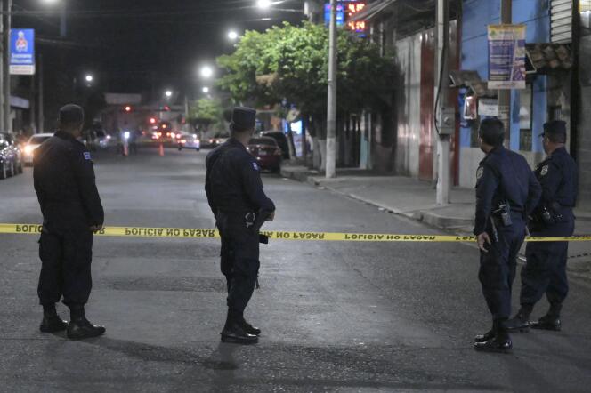 At the scene of a murder in Colon, Salvador, Saturday, March 26, 2022.