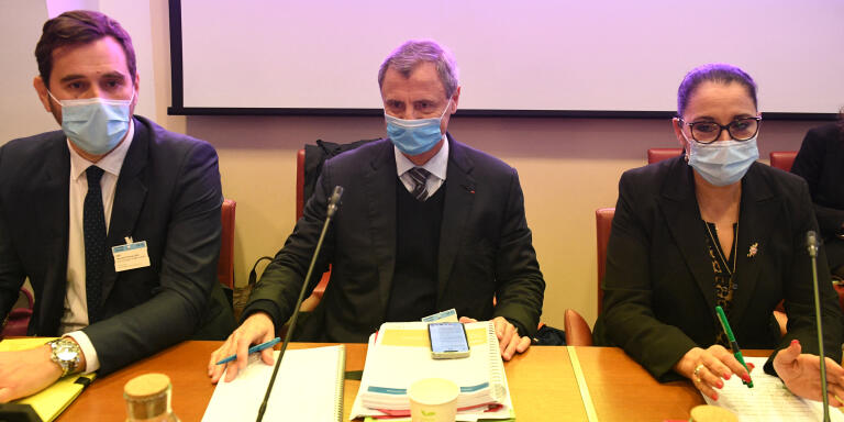 Newly appointed CEO of Orpea Philippe Charrier (C) attends a hearing at the Social Affairs Committee of the French National Assembly in Paris on February 2, 2022, two day after former CEO Yves Le Masne was sacked amid allegations of patient abuse. (Photo by Alain JOCARD / AFP)