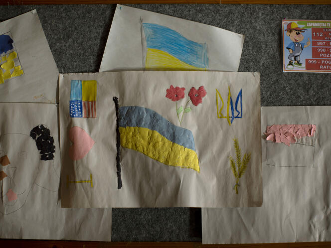 Drawings of Ukrainian children evacuated by an American Baptist congregation from an orphanage in Lviv, Ukraine, to Poland on March 23, 2022.
