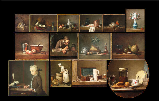 Capture d'écran du mur constitué de tableaux de Chardin et figurant dans le spectacle « Toute l’histoire de la peinture en moins de deux heures ».