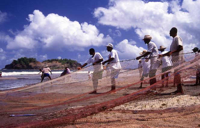 Fishermen pull a net out of the sea in Sainte-Marie, Martinique.
