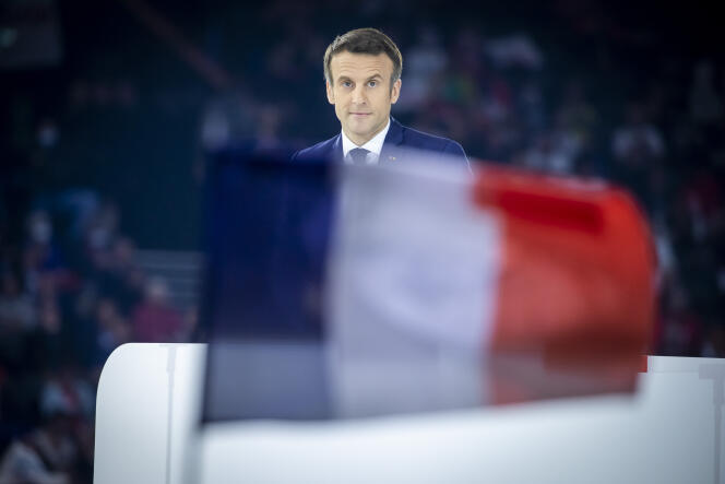 Emmanuel Macron during his meeting at the Defense Arena in Paris on April 2, 2022.