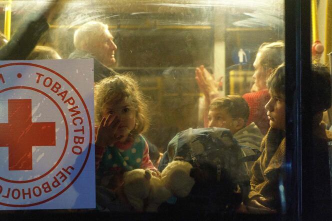 On a bus carrying evacuees from Mariupol, arriving in central Zaporizhzhya, Ukraine, on April 1, 2022.