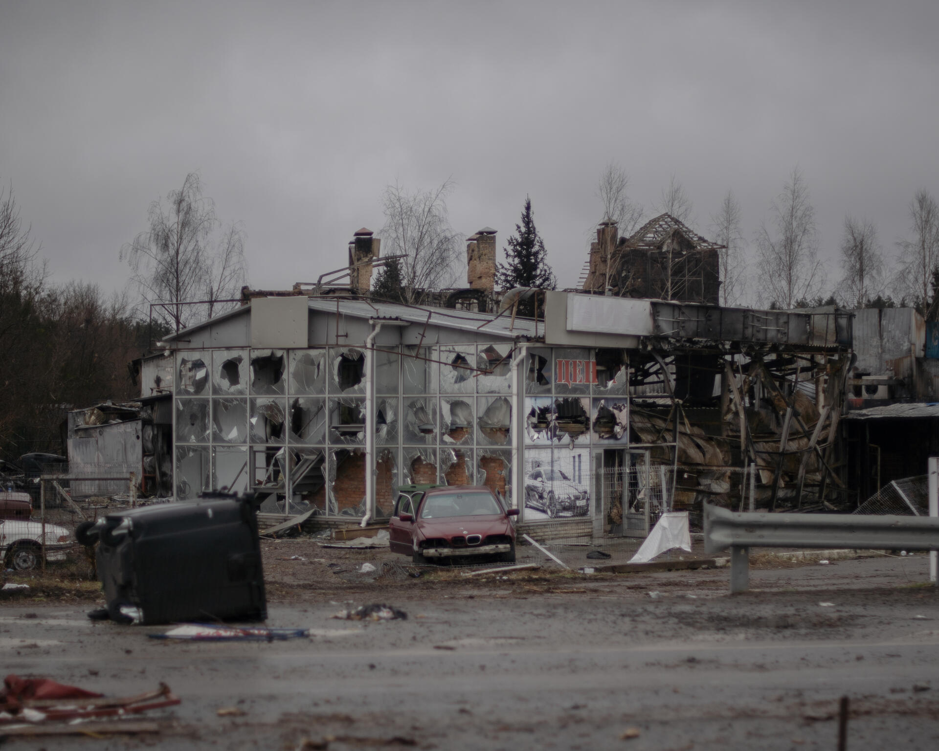 Destroyed buildings along the E40 highway from Kiev to Zhytomyr, not far from a Russian army position.  The region has now been liberated by the Ukrainian army.  Ukraine, April 2.