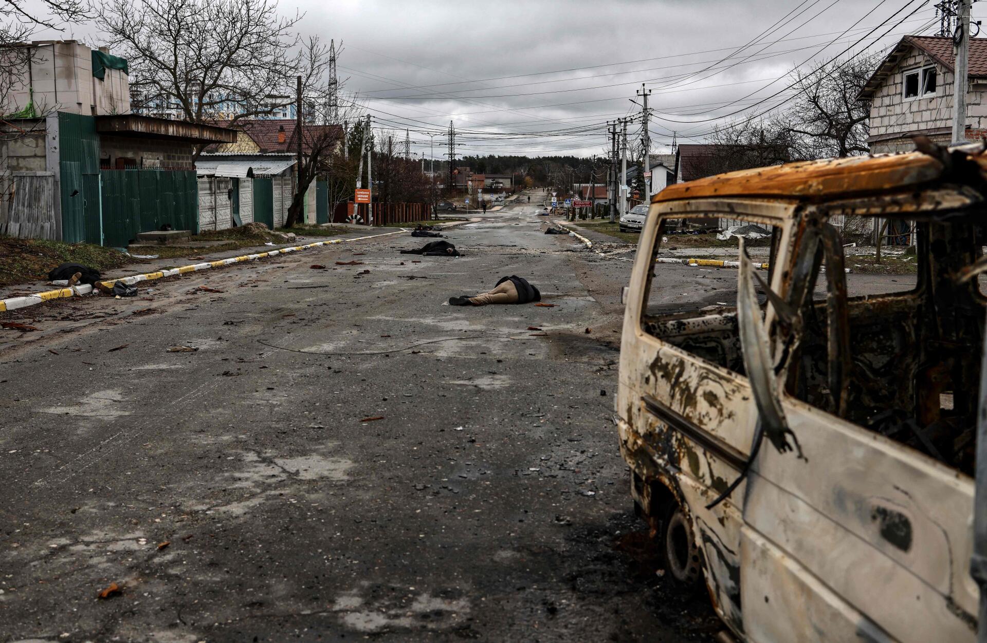 Bodies lie on a street in Boutcha, northwest of Kiev, on April 2 as Ukraine says Russian troops 