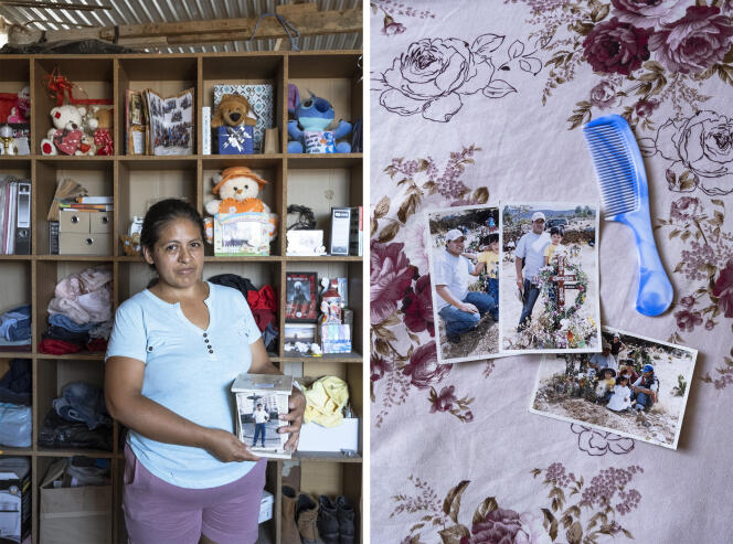Luzmila Sanchez (39) holds the urn of her late husband, Lazaro Contreras. On the right, photos and some keepsakes of the father. In San Juan de Lurigancho, Lima, March 15, 2022.