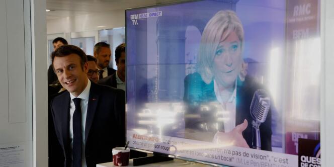 Emmanuel Macron in France Inter's premises, after his interview, Monday, April 4, 2022. 