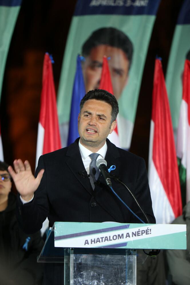 Leader of the Hungarian opposition alliance Peter Marki-Zay, in Budapest, after the publication of exit polls in the parliamentary elections, April 3, 2022.
