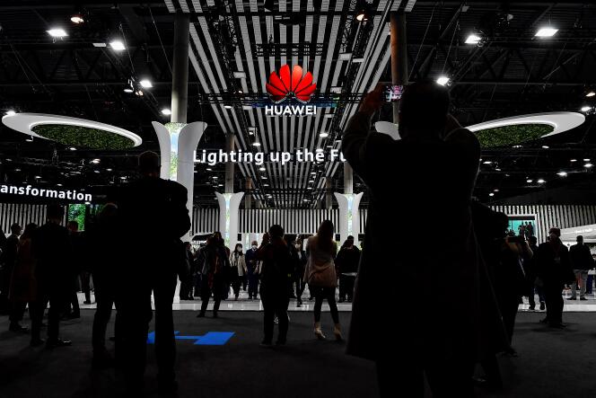 Huawei booth at Mobile World Congress, in Barcelona (Spain), on February 28, 2022) in Barcelona on February 28, 2022.