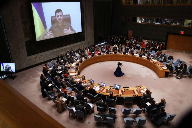 Ukrainian President Volodymyr Zelensky addresses the United Nations Security Council via video conference in New York on April 5, 2022.