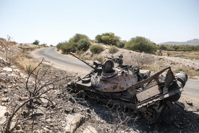 A damaged tank is abandoned on a road in Humera, as military operations take place in Tigray, Ethiopia, in November 2020.