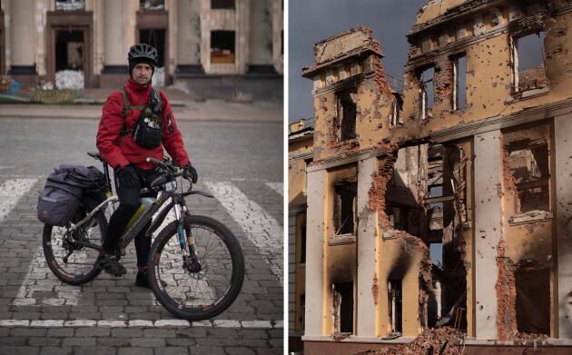 Michaïl Pelhe (à gauche), président d’une association de cyclistes, et un immeuble détruit dans le centre de Kharkiv, en Ukraine, le 4 avril 2022.