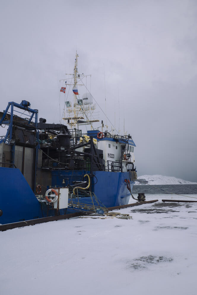 A Russian crabber ship in the harbor of Kirkenes, in the far north of Norway, on March 29, 2022.
