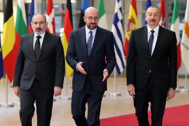 Armenian Prime Minister Nikol Pashinyan, European Council President Charles Michel and Azerbaijani President Ilham Aliyev during a meeting in Brussels, Wednesday, April 6, 2022.