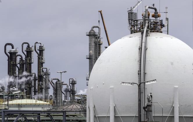 A gas tank is seen at a chemical plant in Oberhausen, Germany, on April 6, 2022. 