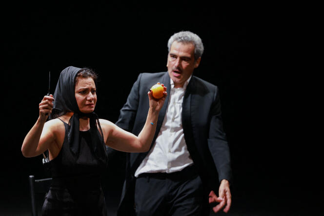 Kuwaiti playwright Sulayman Al-Bassam and Syrian actress Hala Omran in the play 'I Medea' in Beirut, January 28, 2022.