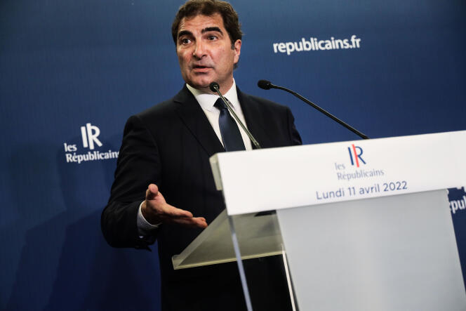 Press conference by Christian Jacob at the Les Républicains party headquarters, the day after the first round of the presidential elections and the defeat of candidate Valérie Pécresse, in Paris, April 11, 2022. 