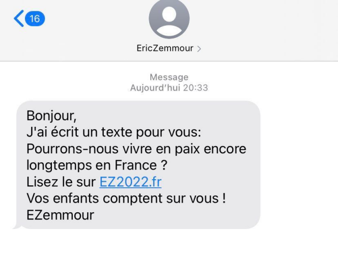 The text message was received on Friday by Frenchmen of the Jewish faith and sent by Eric Zemmour's campaign team.