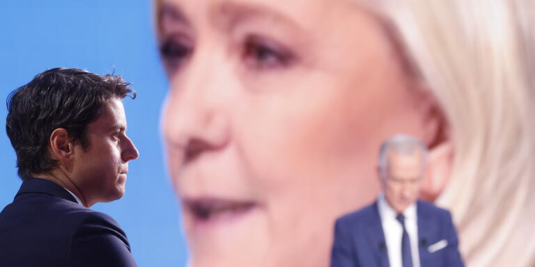 Gabriel Attal, Marine Le Pen sur ecran, Soirée électorale du premier tour de la présidentielle 2022 sur les plateaux de Tf1