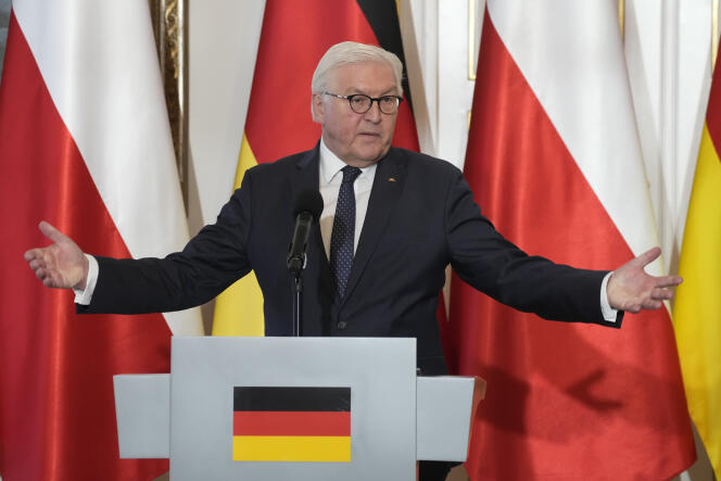 German President Frank-Walter Steinmeier at a press conference during his meeting with Polish President Andrzej Duda in Warsaw on April 12, 2022.